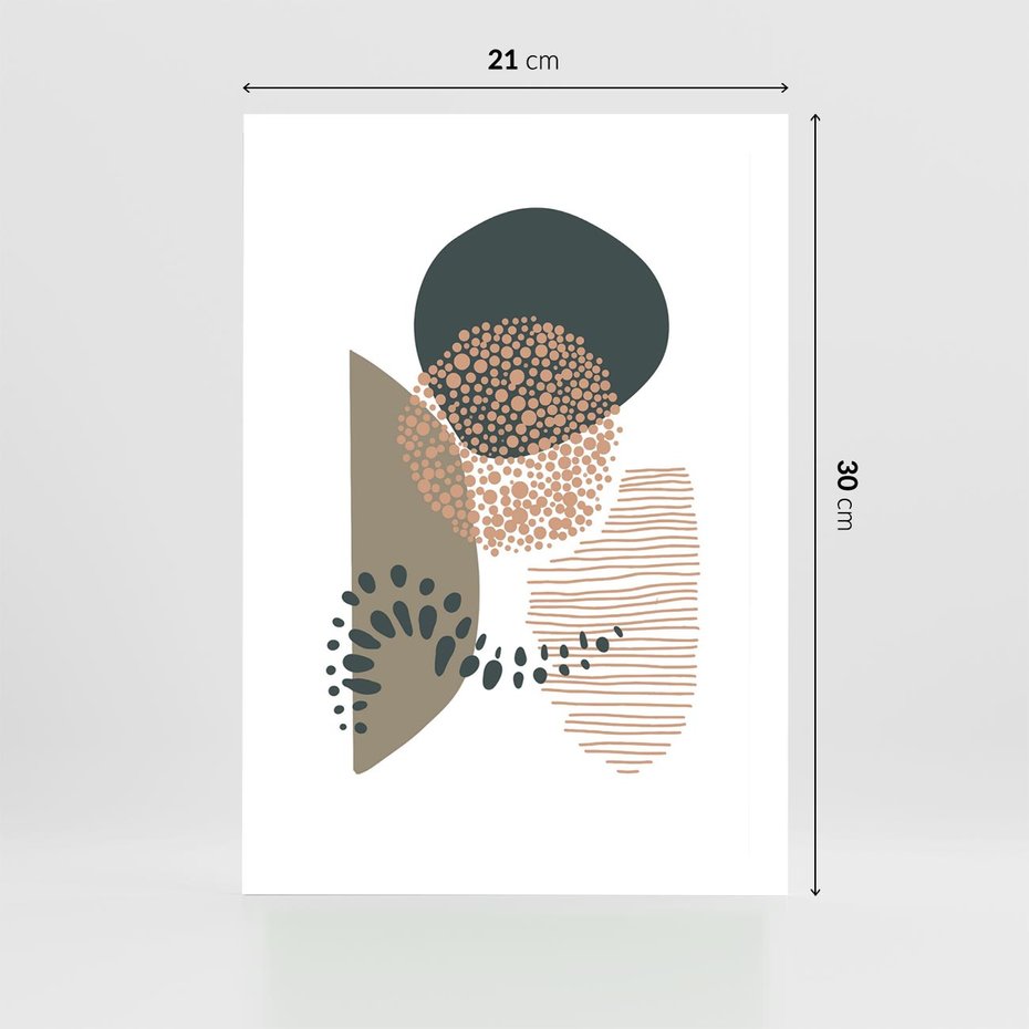 Plakat bez ramy 21x30 - Harmonia Akwarelowych Przestrzeni - abstrakcyjna kompozycja z kropek kresek i kółek, odcienie brązu i beżu