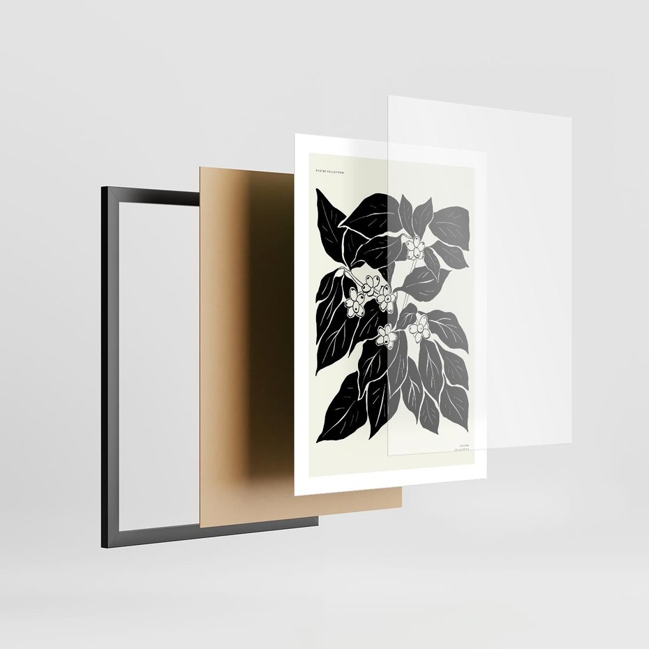 Plakat w ramie 50x70 - Ruchome szkicowe odbicia - czarno biała grafika, roślinność - rama czarna