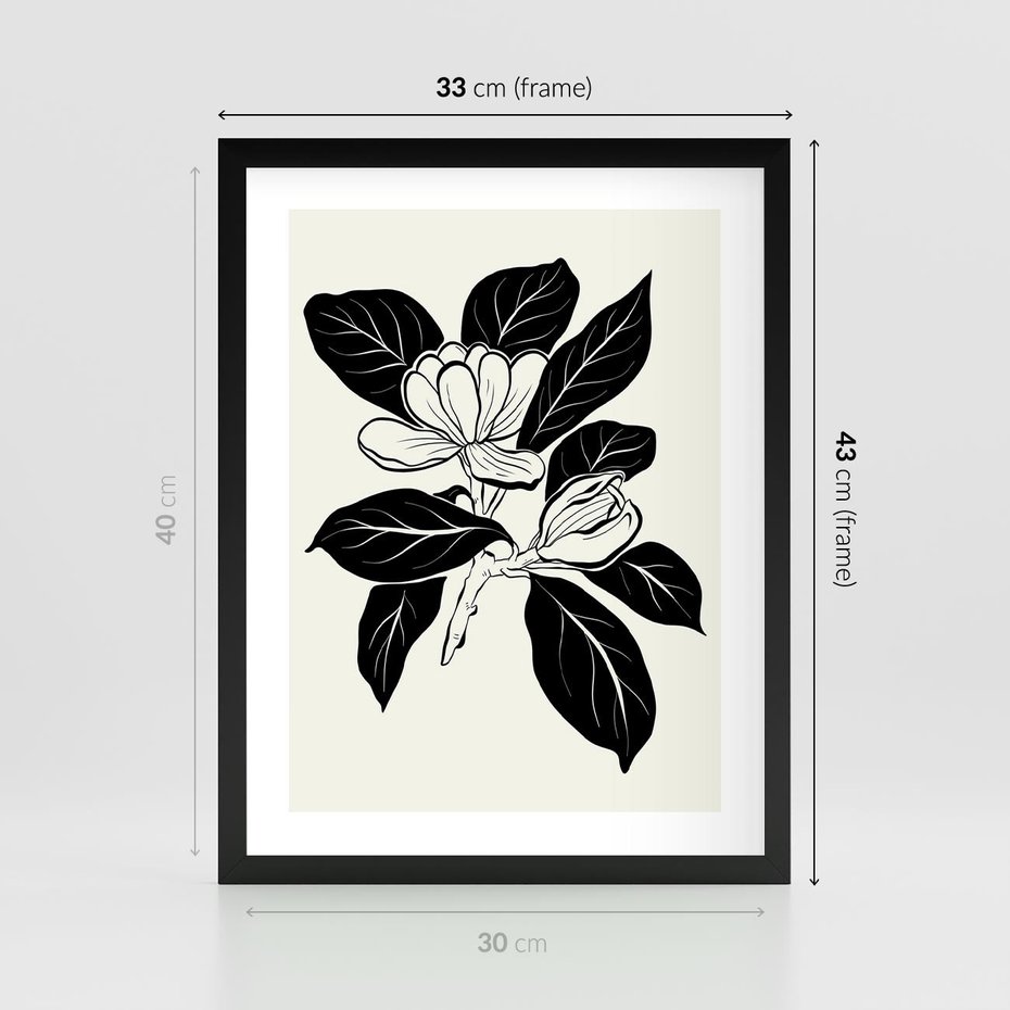 Plakat w ramie 30x40 - Spojrzenie w kształty kwiatów - kwiaty magnolii, minimalizm - rama czarna