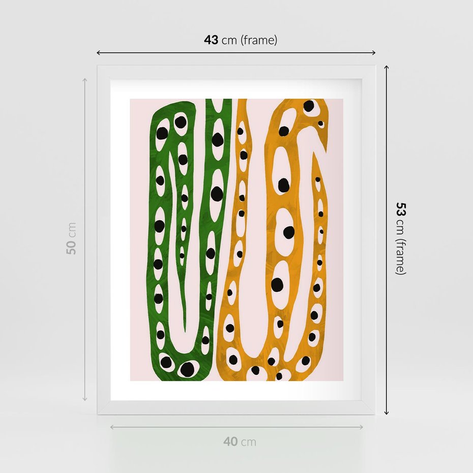 Plakat w ramie 40x50 - Migocące Zmaganie - abstrakcyjny obraz, dziwne kształty - rama biała