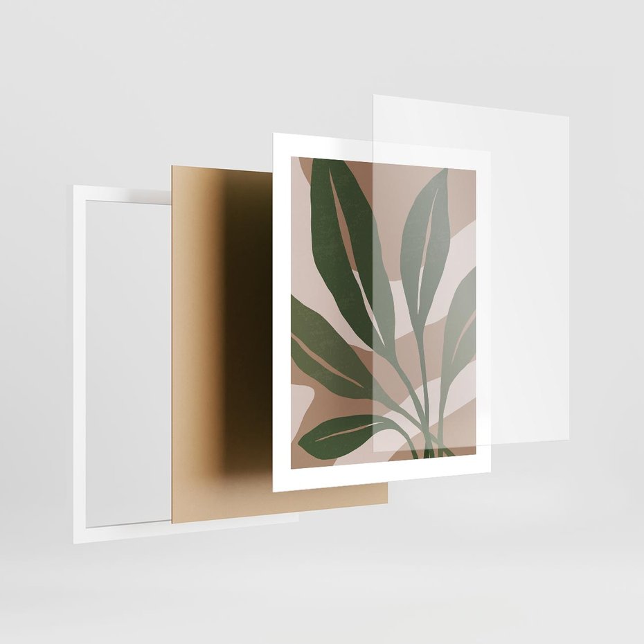 Plakat w ramie 40x50 - Nowoczesność Natury: Plakat z Zielonymi Liśćmi - nowoczesny plakat, beż - rama biała