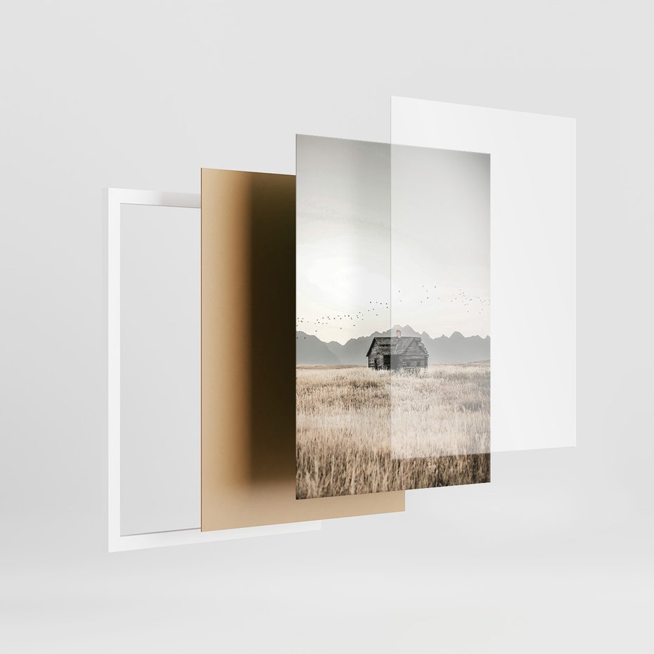 Zestaw obrazy w ramie 50x70 galeria - Rustykalne, pejzaże, góry, chatka - rama biała