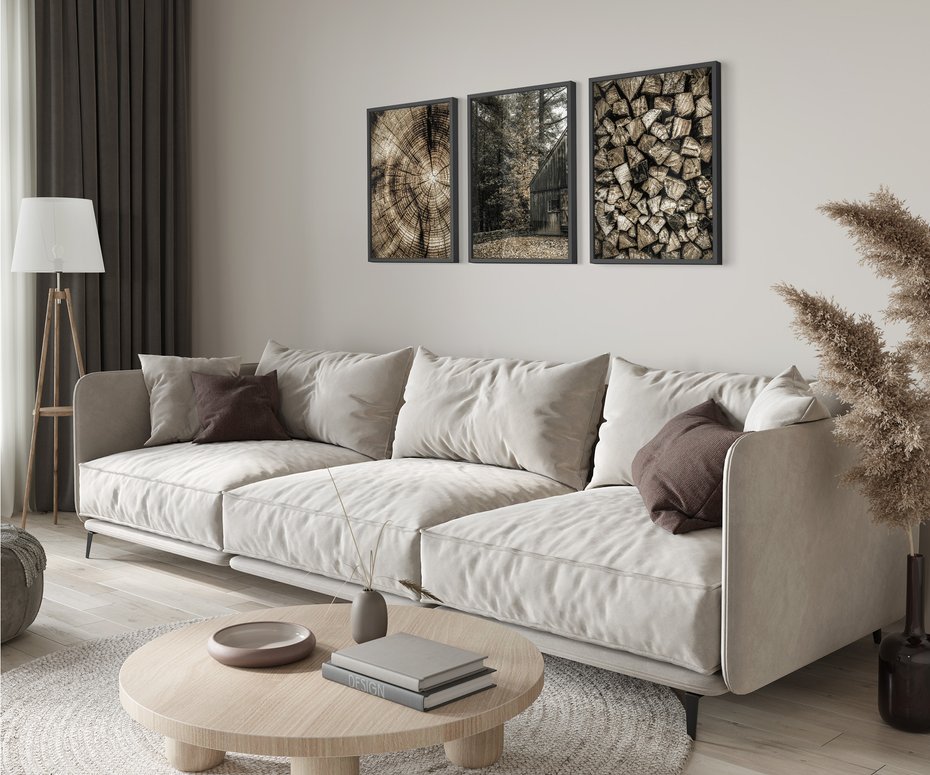 Zestaw obrazy w ramie 40x50 galeria - Drewno, pień, boho, domek - rama czarna