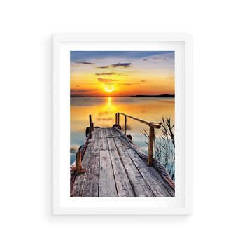Plakat w ramie 30x40 - Zachód nad jeziorem z pomostem - pomost, jezioro - rama biała