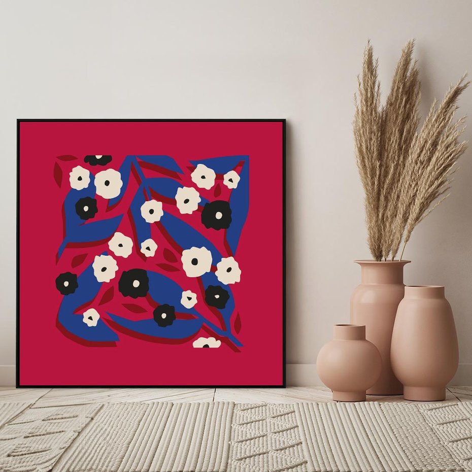 Obraz w ramie 50x50 - Kolorowe Przenikanie - abstrakcyjna kwiatowa kompozycja, czerwone mocne tło - rama czarna