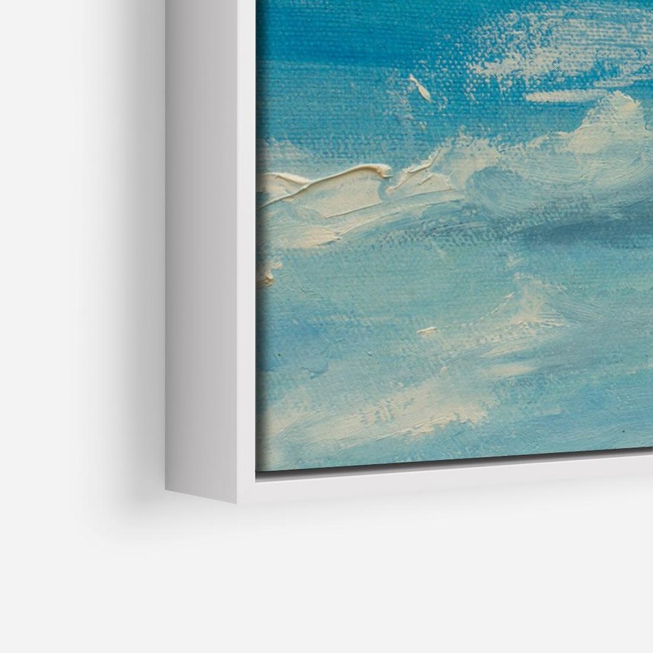 Obraz w ramie 70x50 - Oddechy niebiańskiej materii - olejny obraz, smugi farby przypominają obłoki na błękitnym niebie - rama biała