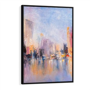 Obraz w ramie 70x100 - Miasto Refleksji - olejna panorama miasta w oddali, wiezowce odbijają się w rzece - rama czarna