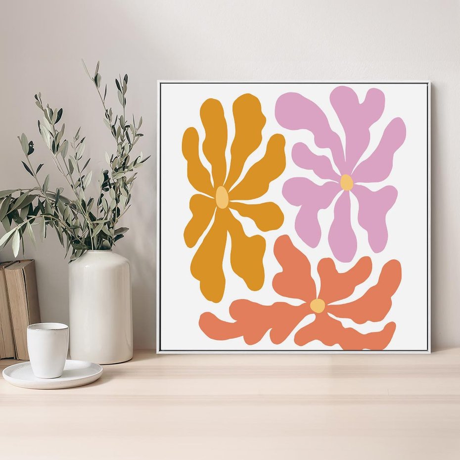 Obraz w ramie 50x50 - Rozbijające Refleksje - abstrakcyjne kolorowe kwiaty, minimlizm - rama biała