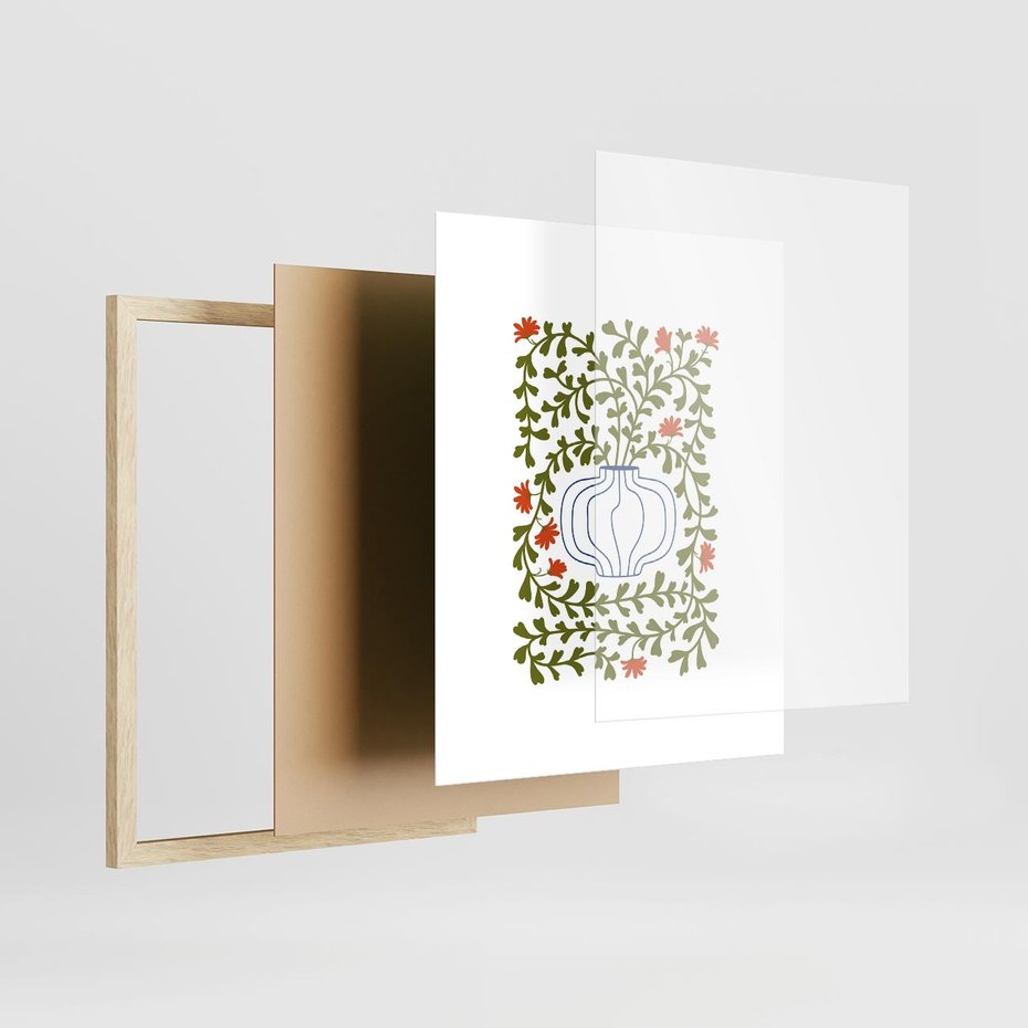 Plakat w ramie 40x50 - Wewnętrzne Fale - kwiaty w wazonie, minimalizm - rama drewno