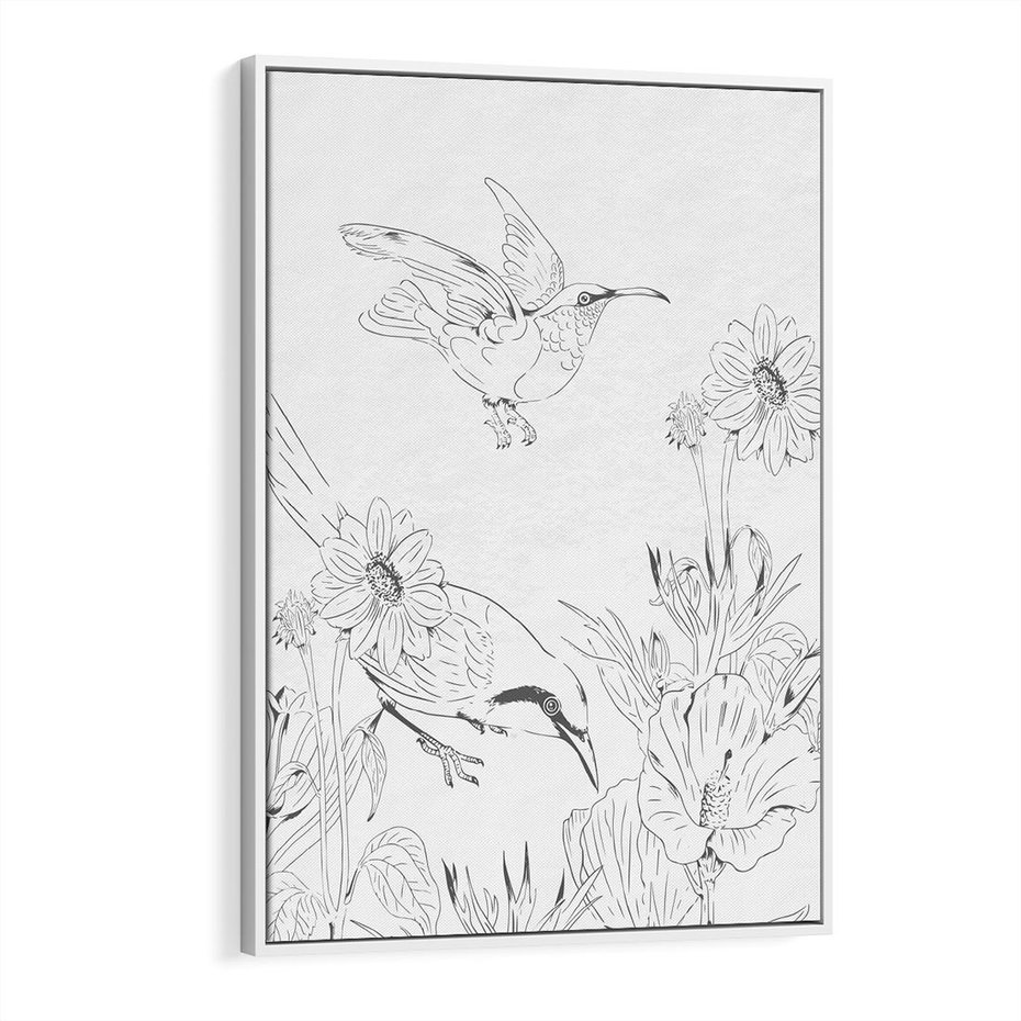Obraz w ramie 80x120 - Tropiki w Monochromie - czarno biały szkic, tropikalne ptaki - rama biała