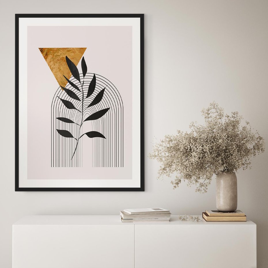 Plakat bez ramy 40x50 - Geometria z Elementami Złota i Liści - grafika, złoto