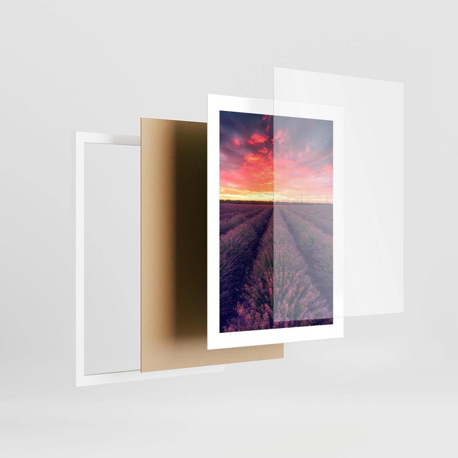 Plakat w ramie 30x40 - Różowe Niebo nad Polami - pola lawendy, zachód słońca - rama biała