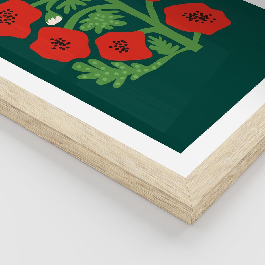 Plakat w ramie 30x40 - Księga Odbić - abstrakcyjna kwiatowa kompozycja, zielone mocne tło - rama drewno