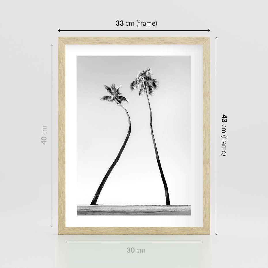 Plakat w ramie 30x40 - Samotne Palmy - czarno biała fotografia, dwie samotne palmy - rama drewno