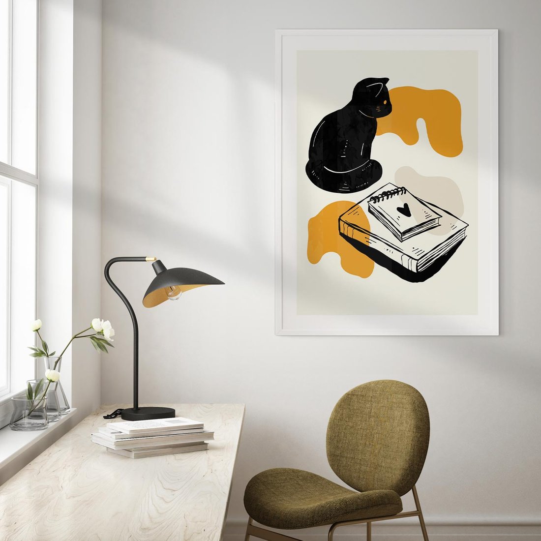 Plakat w ramie 30x40 - Nowoczesny Kot - grafika, kot - rama biała