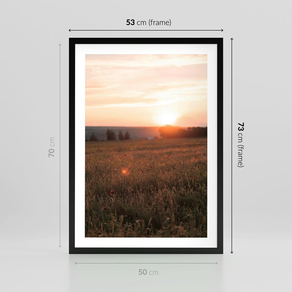 Plakat w ramie 50x70 - Łąka we Wschodzącym Słońcu: Magia Poranka - łąka, krajobraz - rama czarna