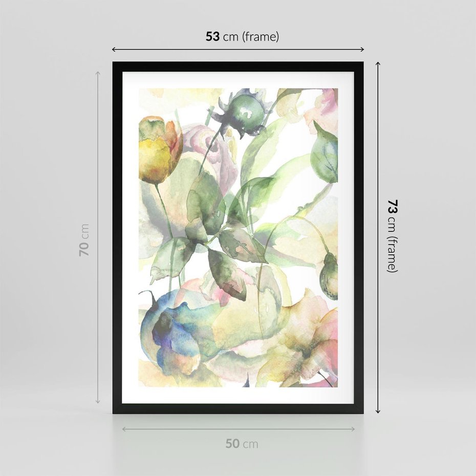 Plakat w ramie 50x70 - Delikatne Kolory - akwarelowe, kwiaty - rama czarna