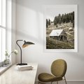 Plakat w ramie 50x70 - Ustronne Chatki w Górach - rustykalne domki w górach, sepia - rama biała