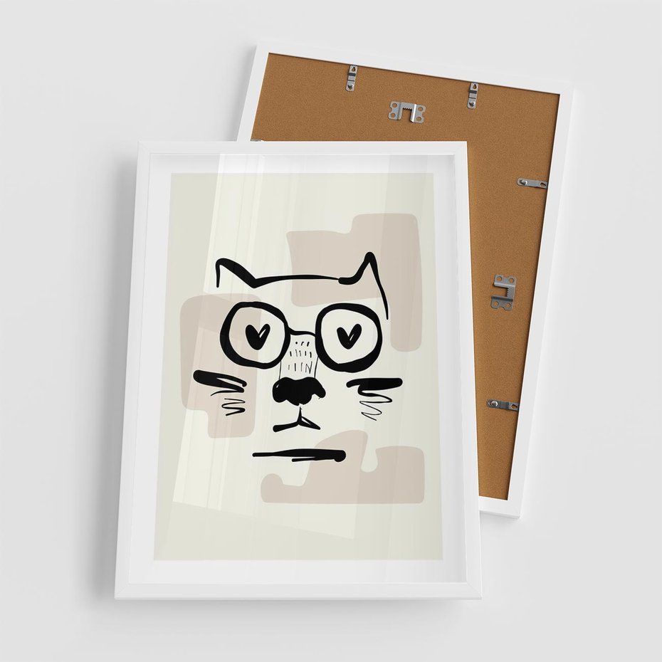 Plakat w ramie 50x70 - Minimalistyczny Kot: Czarna Kreska - kot, grafika - rama biała