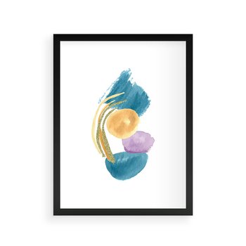 Plakat w ramie 40x50 - Migocące Barwy Akwarel - akwarelowe plamy w odcieniach błękitu, złote kreski - rama czarna