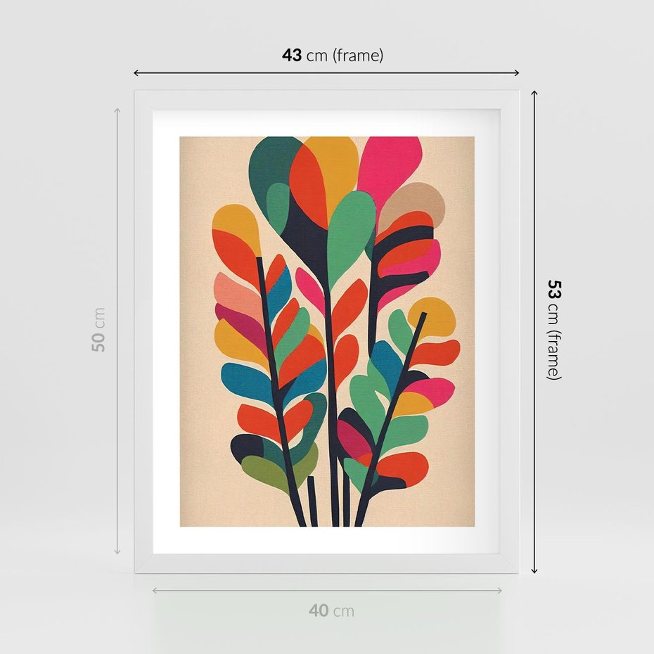 Plakat w ramie 40x50 - Symfonia Wzrokowych Impresji - abstrakcyjny kolorowy tęczowy obraz, inspiracje roślinne - rama biała