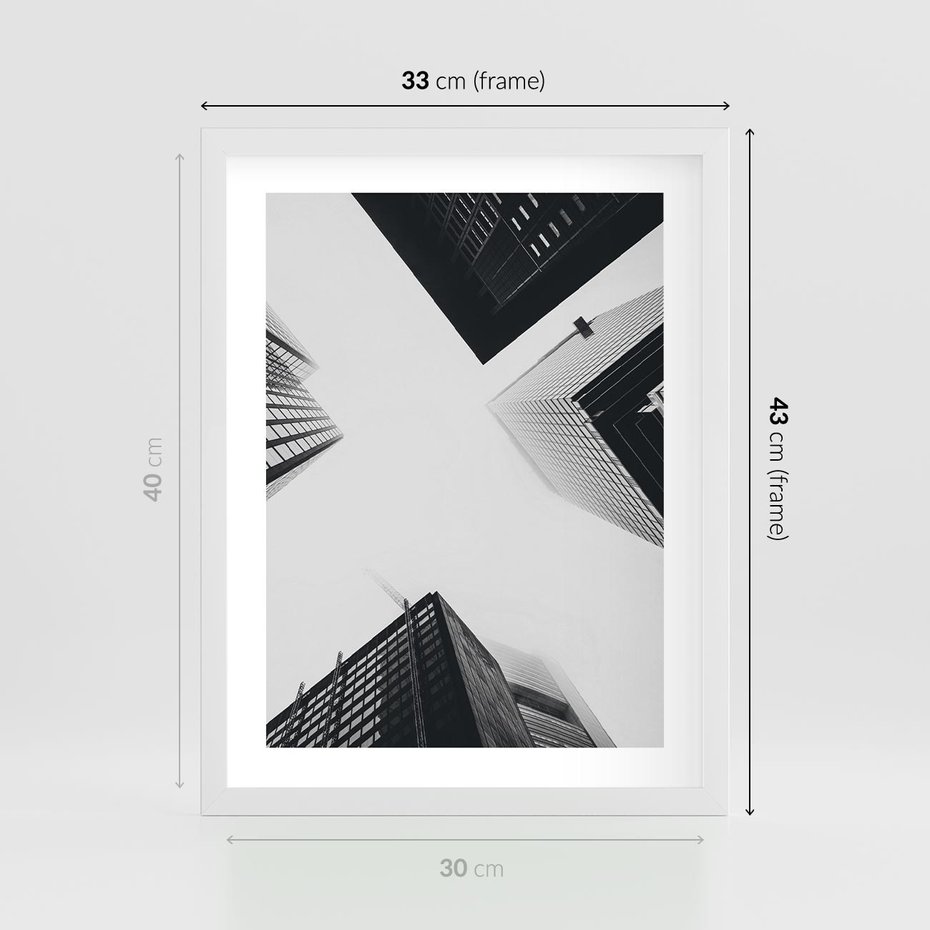 Plakat w ramie 30x40 - Nowoczesna Dynamika - perspektywa, wieżowce - rama biała