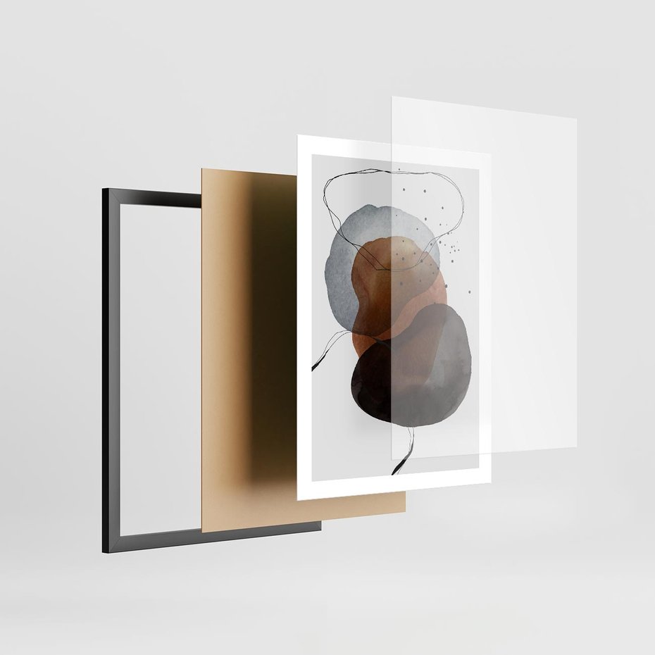 Plakat w ramie 50x70 - Kolorowe Wizje - abstrakcyjne plamy akwarelowe, czarny szkic - rama czarna