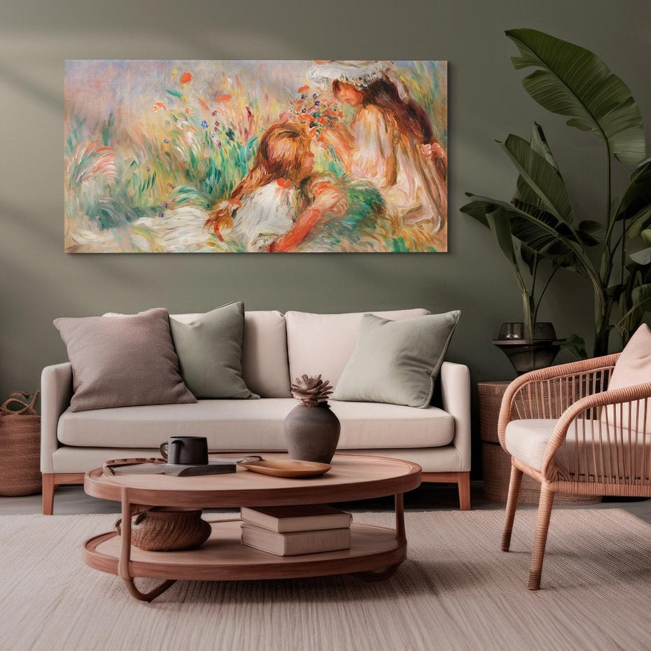 Obraz na płótnie 100x50 - Girls in the Grass Arranging a Bouquet, Pierre-Auguste Renoir - Reprodukcja - reprodukcja, obraz na płótnie