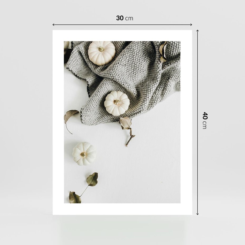 Plakat bez ramy 30x40 - Białe Dynie i Przytulny Koc - kompozycja jesienna, białe dynie