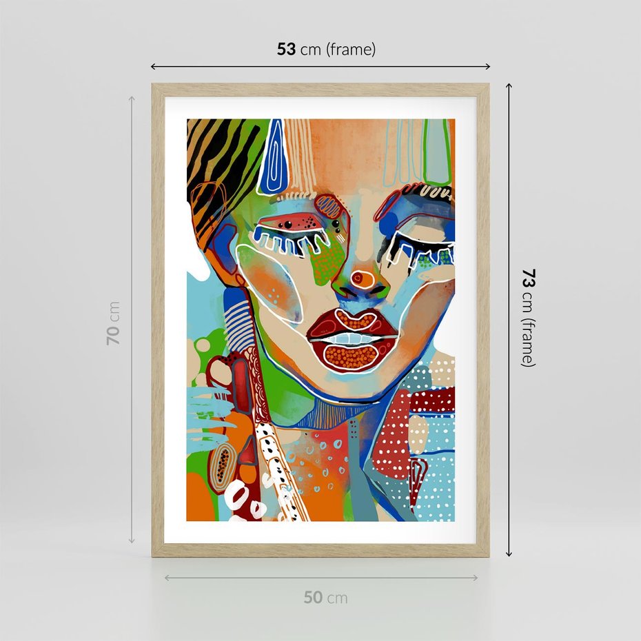 Plakat w ramie 50x70 - Kolorowe Formy - abstrakcyjny portret kobiety, twarz - rama drewno