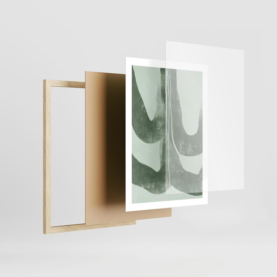 Plakat w ramie 50x70 - Nurtująca Kompozycja Zieleni - abstrakcyjne delikatne zielone linie, podobne do gałęzi kwiatów - rama drewno