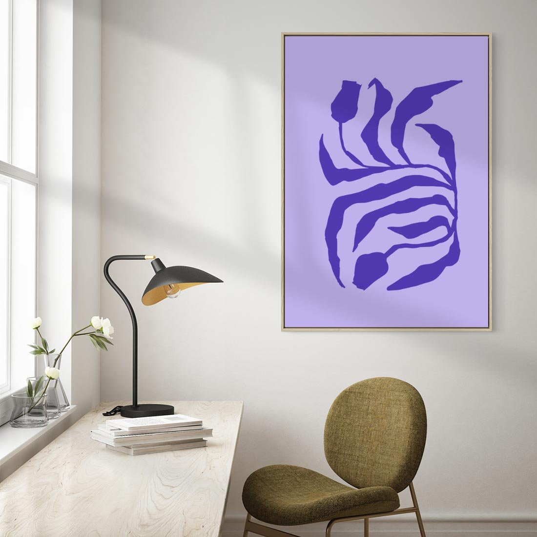 Obraz w ramie 80x120 - Boho Sztuka Wolności - kwiaty, energetyczne fioletowe tło - rama drewno