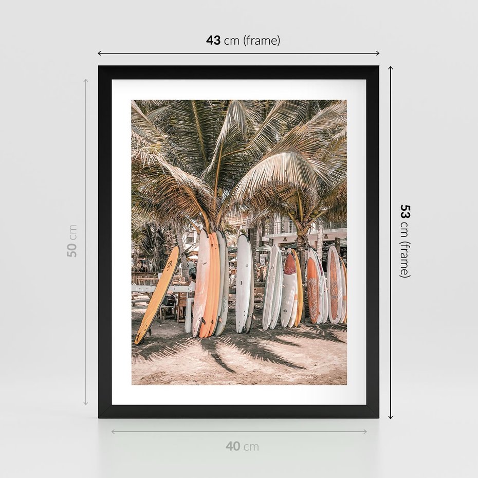 Plakat w ramie 40x50 - Surfingowy Raj - deski surfingowe, na plaży - rama czarna