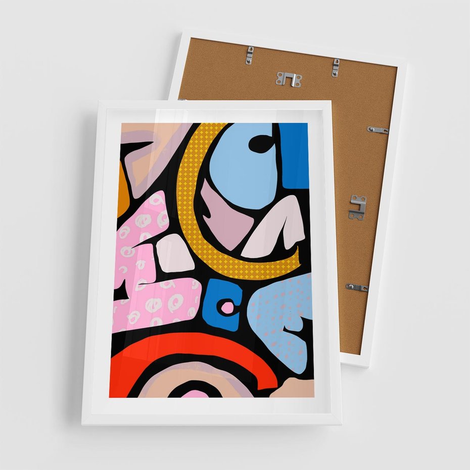 Plakat w ramie 50x70 - Kolory Komiksu - abstrakcyjne formy, komiksowy styl - rama biała