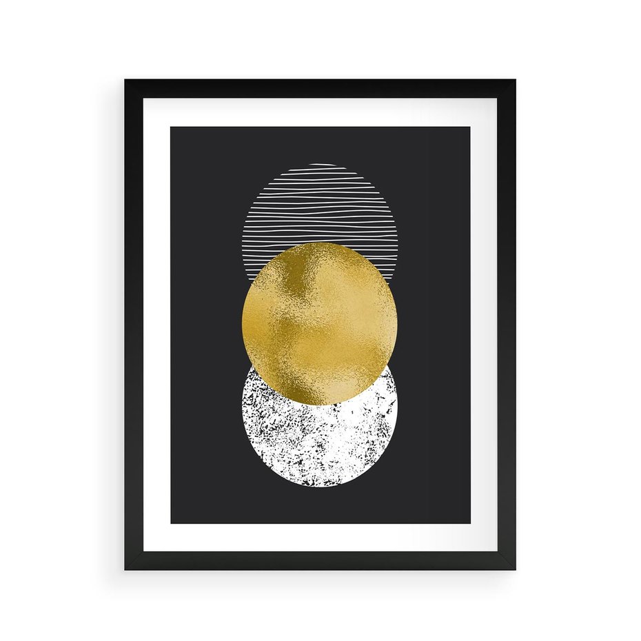 Plakat w ramie 40x50 - Geometryczna Perfekcja: Złote Koło - geometryczna grafika, złote koło - rama czarna