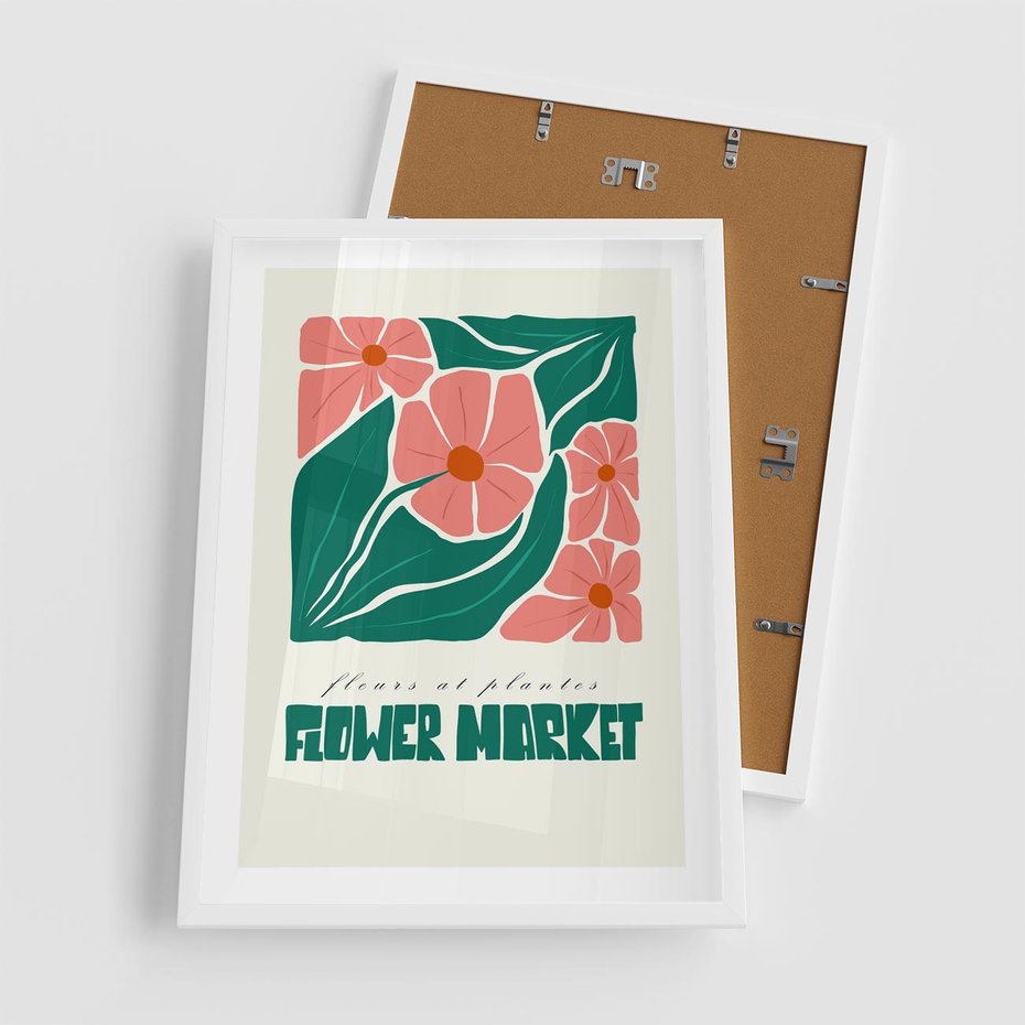 Plakat w ramie 50x70 - Retro Inspiracja - minimalistyczna kwiatowa kompozycja, pastelowe kolory - rama biała