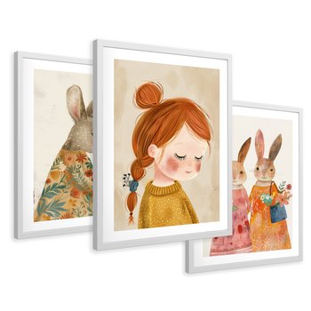 Zestaw obrazy w ramie 30x40 galeria - dla, dzieci, króliki, dziewczynka - rama biała