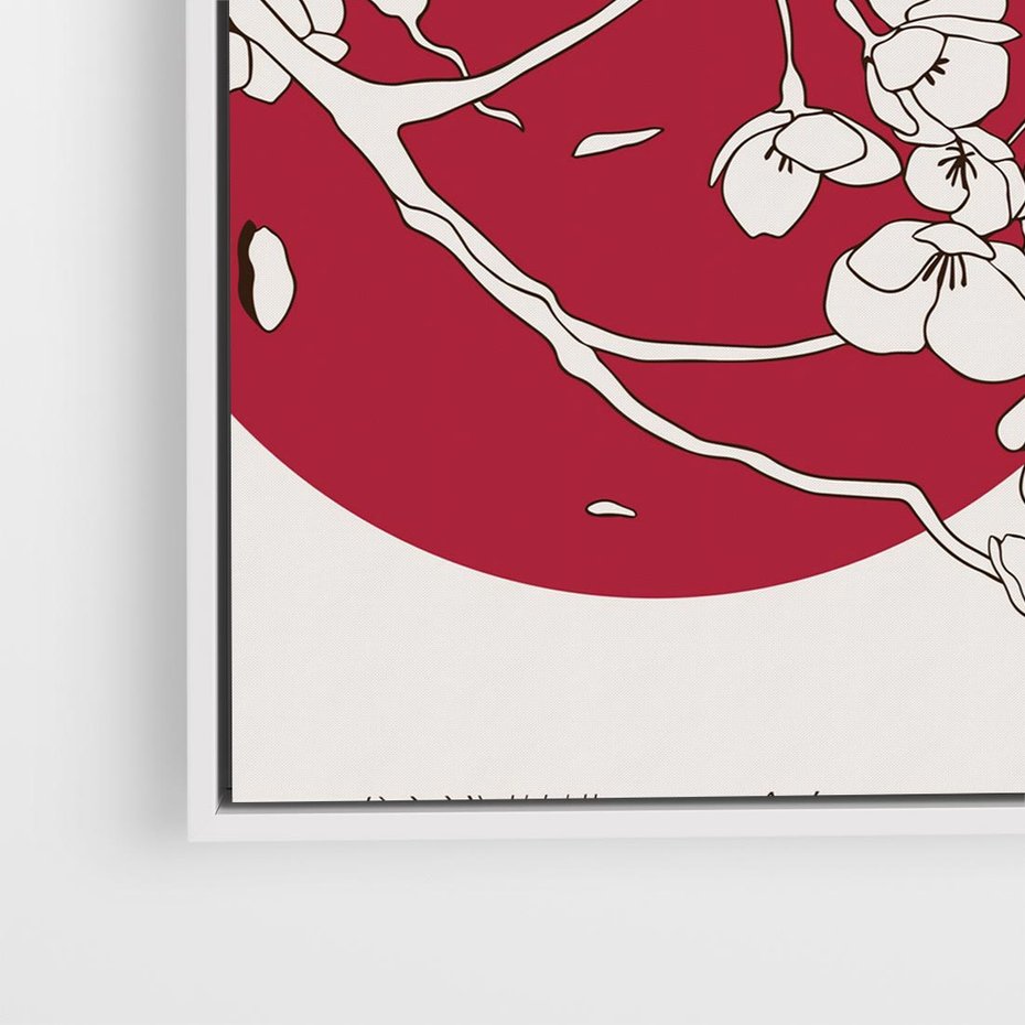 Obraz w ramie 80x80 - Esencja Zen - kwiatnąca wiśnia, orientalna grafika - rama biała
