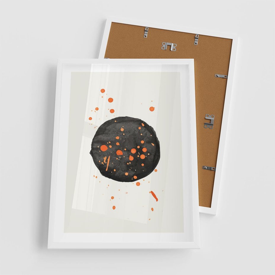 Plakat w ramie 50x70 - Impulsy Kreatywności - abstrakcyjna czarna plama, rozsiane pomarańczowe kropki - rama biała