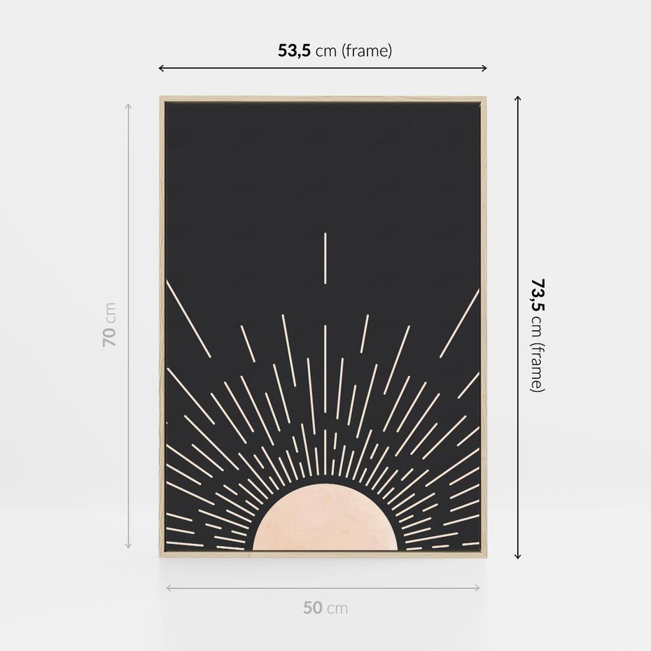Obraz w ramie 50x70 - Słoneczny Portret Duszy - boho czarne słońce, nowoczesna grafika - rama drewno