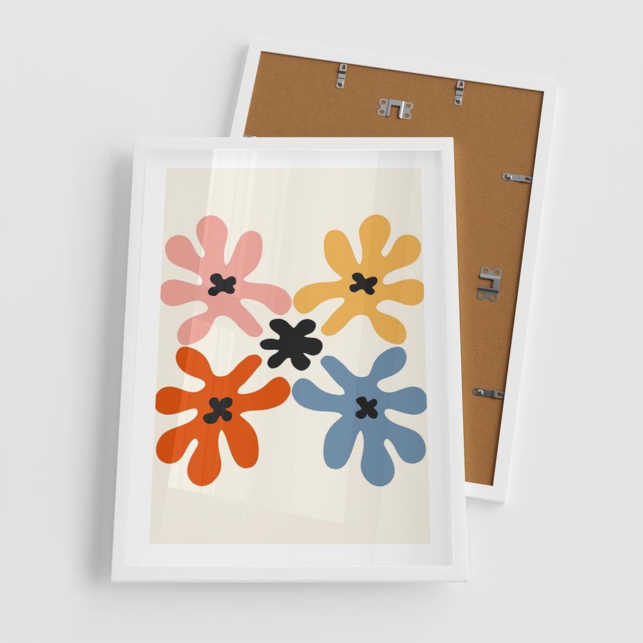 Plakat w ramie 50x70 - Taniec Akwareli - abstrakcyjne wielokolorowe kwiaty, minimalizm - rama biała