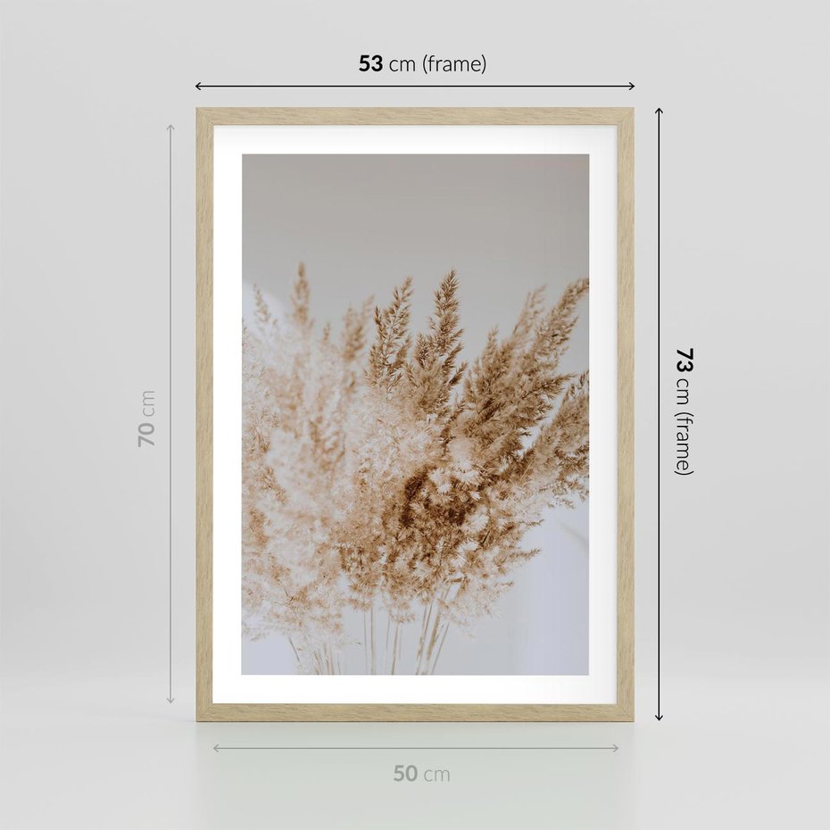 Plakat w ramie 50x70 - Boho Urok Traw Pampasowych - suche trawy, pampas - rama drewno