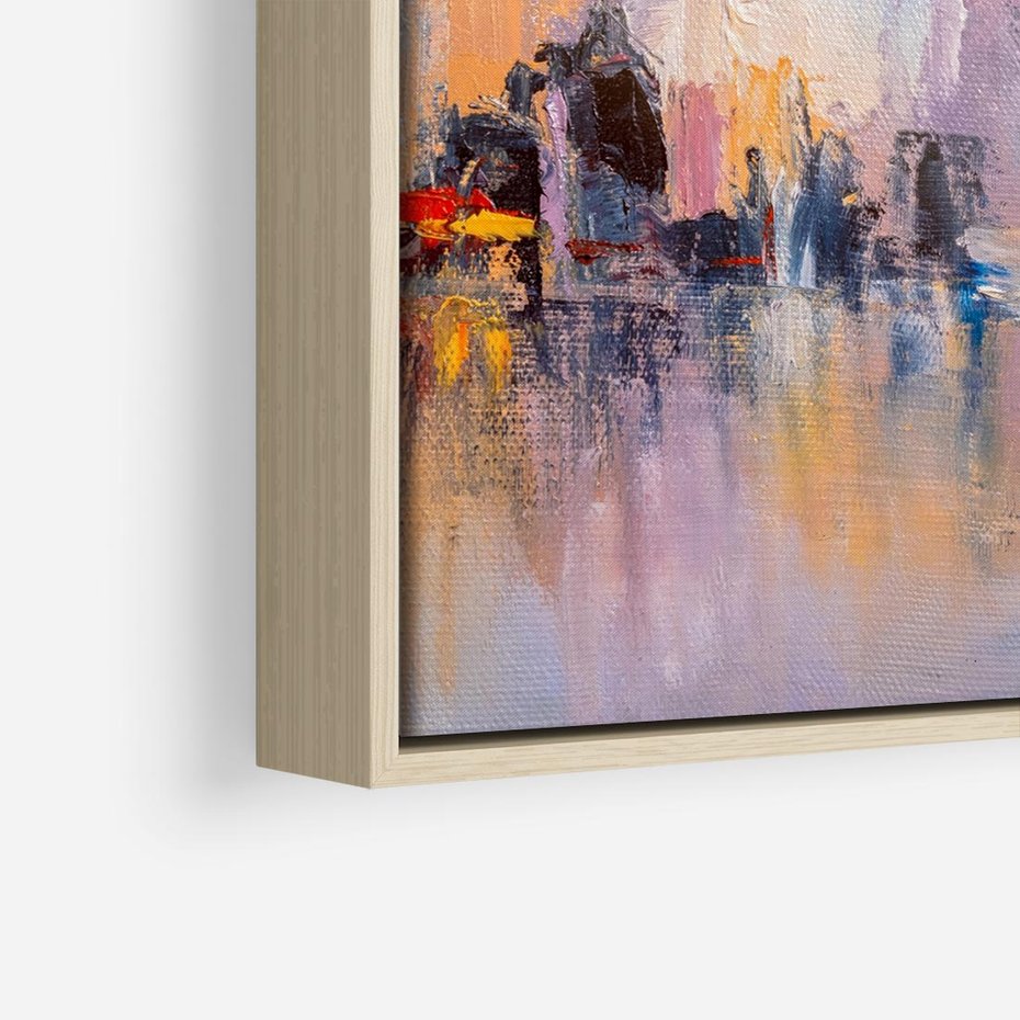 Obraz w ramie 50x50 - Miasto Refleksji - olejna panorama miasta w oddali, wiezowce odbijają się w rzece - rama drewno