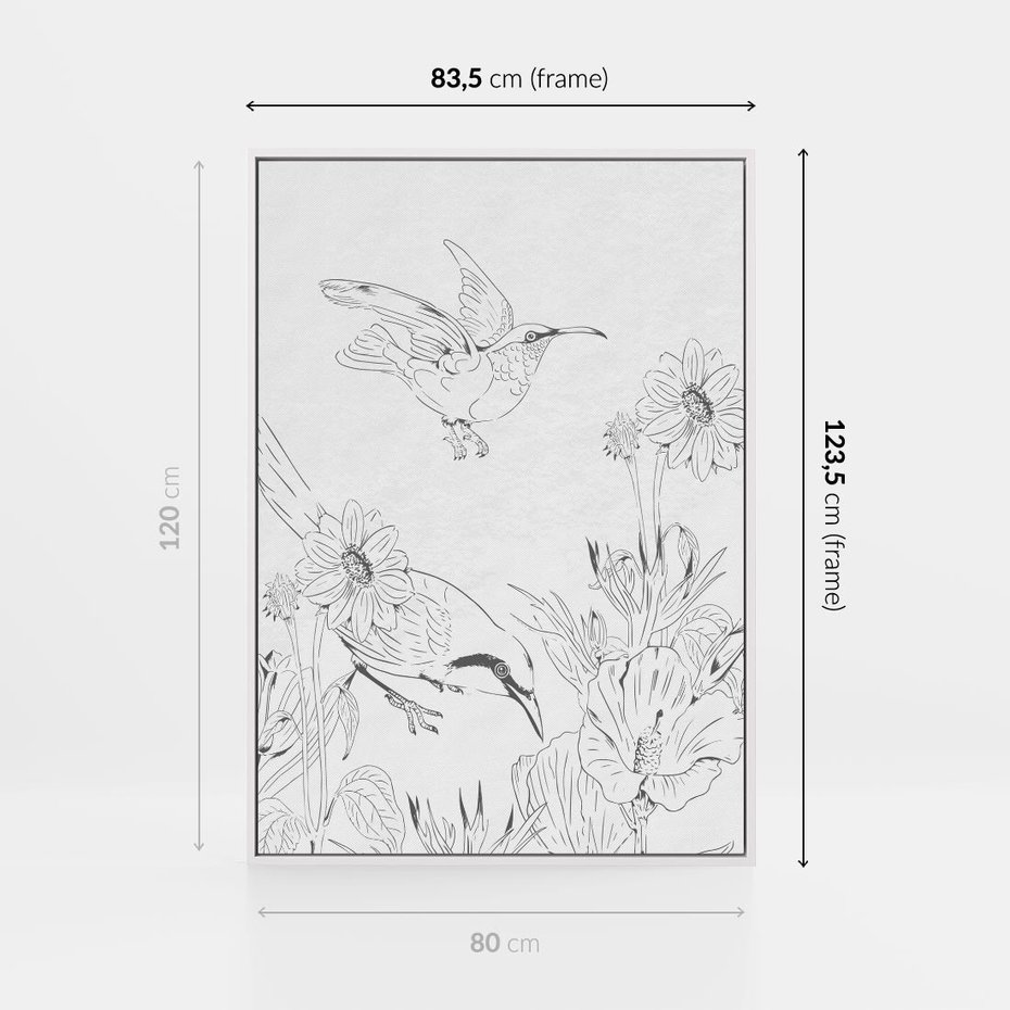Obraz w ramie 80x120 - Tropiki w Monochromie - czarno biały szkic, tropikalne ptaki - rama biała