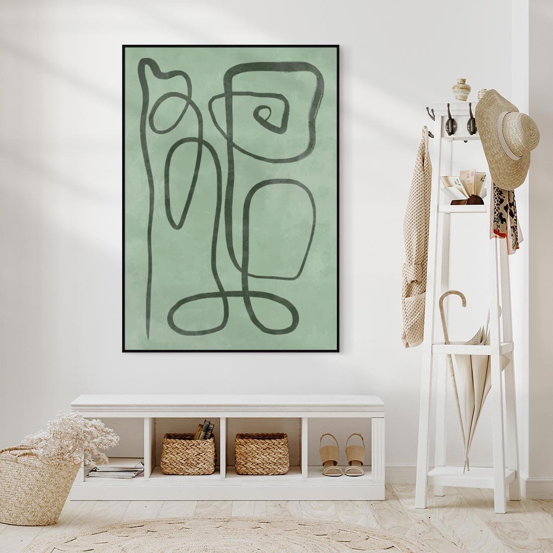 Obraz w ramie 70x100 - Zielone Wariacje w Liniach - abstrakcyjne zielone linie, skandynawski design - rama czarna
