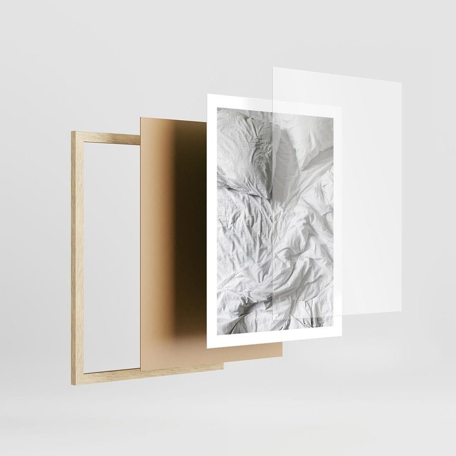 Plakat w ramie 50x70 - Biała Pościel na Łóżku - biała pościel, łóżko - rama drewno