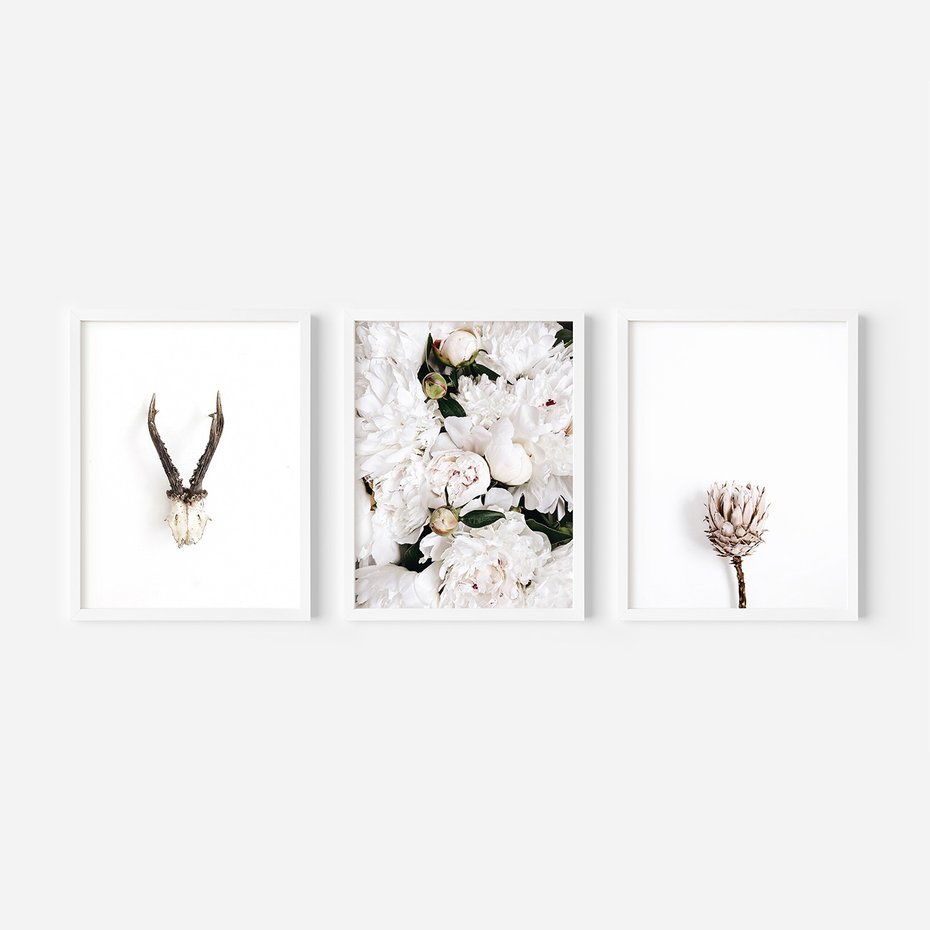 Zestaw obrazy w ramie 40x50 galeria - Kwiaty, boho, styl, minimalizm - rama biała