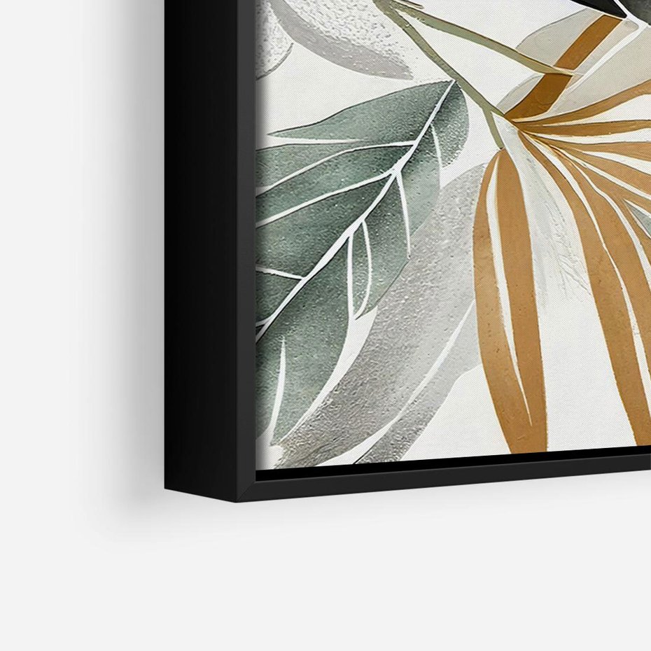 Obraz w ramie 70x50 - Współbrzmienie wewnętrznego ja - kompozycja z tropikalnych liści, stonowane kolory - rama czarna