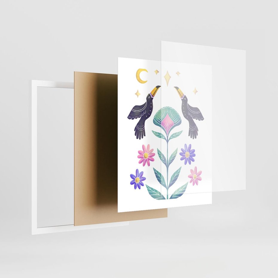 Plakat w ramie 40x50 - Przenikająca Dżungla - boho plakat, tukany - rama biała