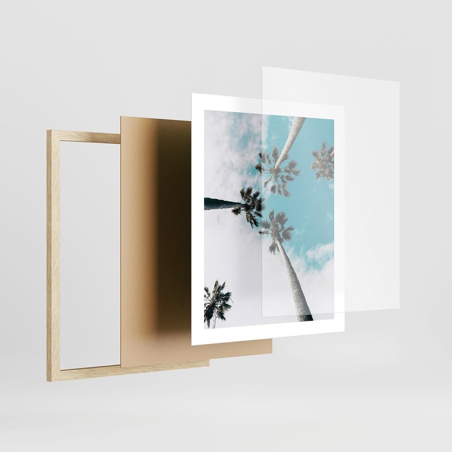 Plakat w ramie 40x50 - Palmy w Gorącym Niebie - palmy, ujęcie z dołu - rama drewno